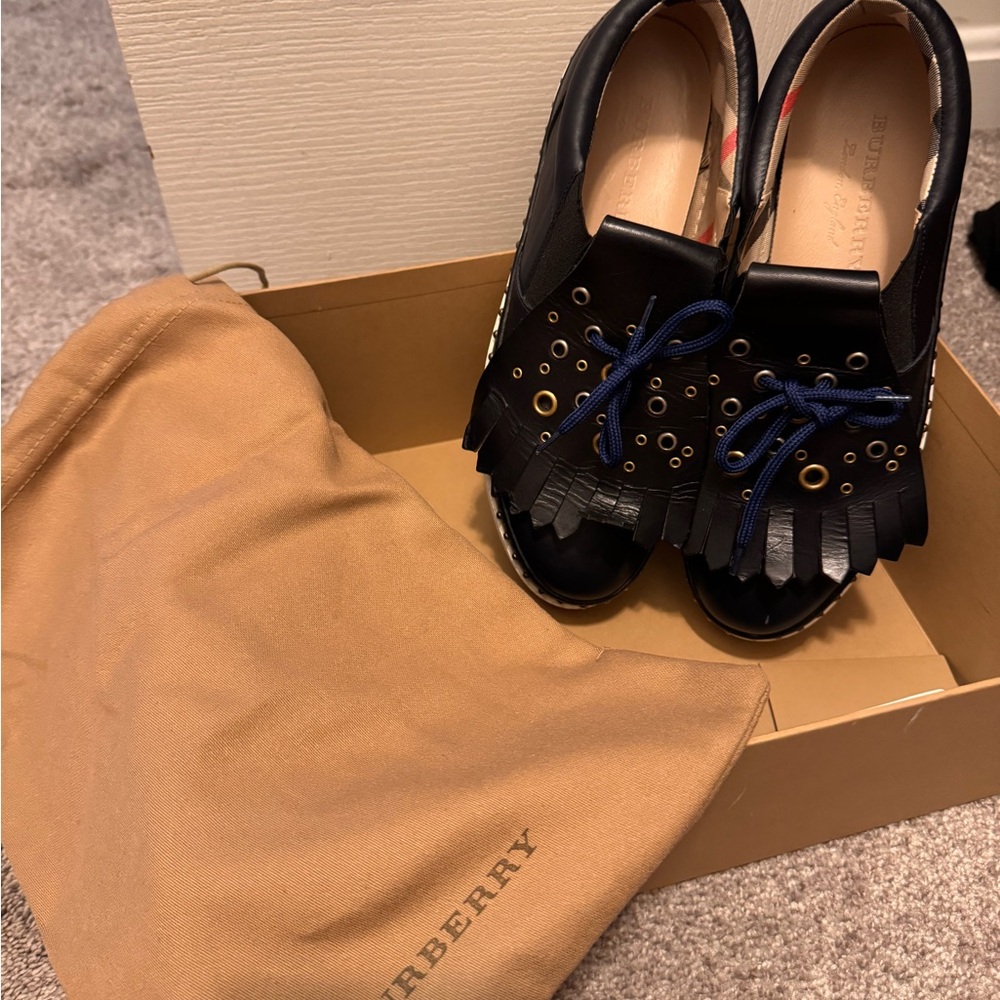 Burberry Black Leather Fringe Lace-Up Sneakers with Navy Laces